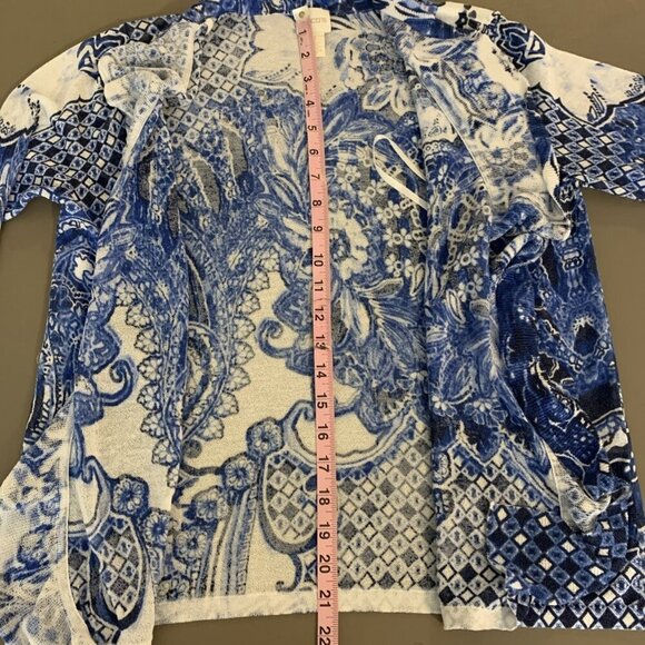 Chicos Womens Cardigan Sweater 1 M Paisley Blue White Waterfall Lightweight Boho - Picture 11 of 14